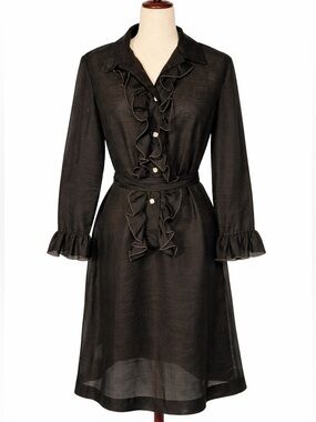 Vintage black ruffle front dress.  Tie waist. Square buttons, size L